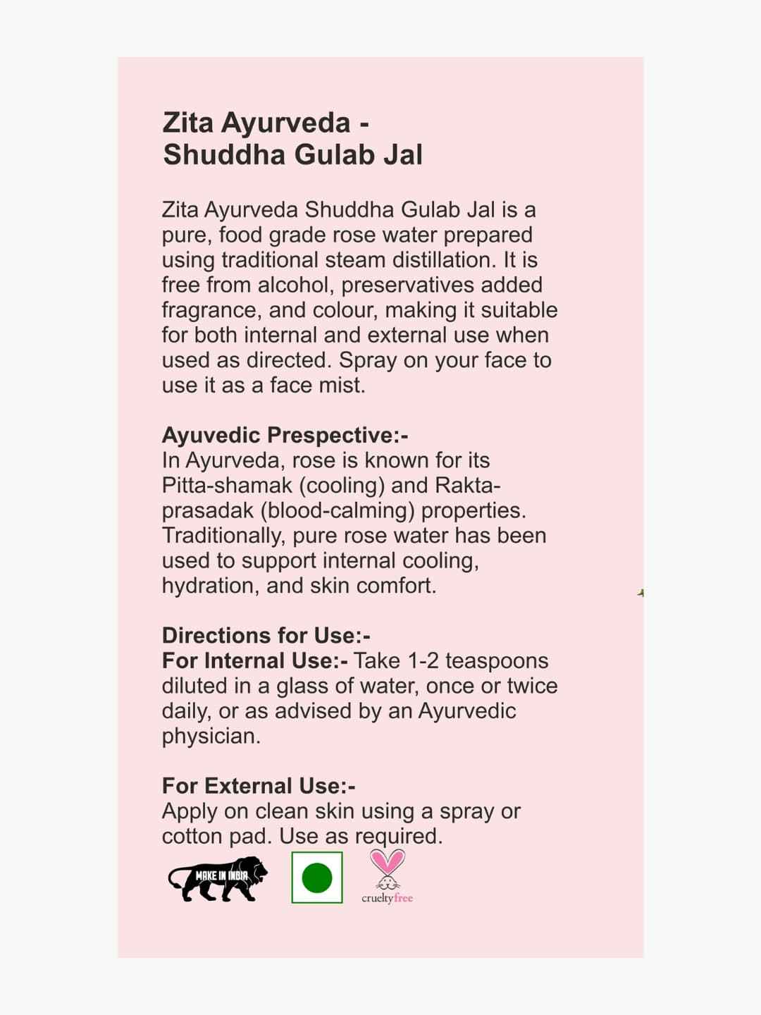 Zita Ayurveda Gulab Jal Mist - Shuddha Face & Body Mist - 100ml